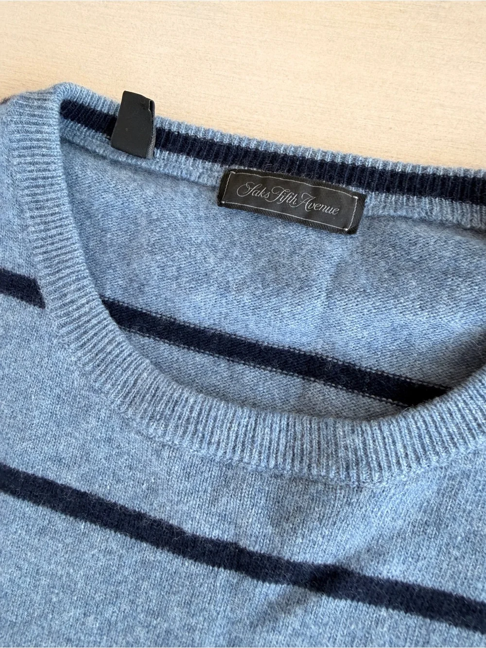 Saks Fifth Avenue Men's Light Blue Crewneck Sweater with Navy Stripes